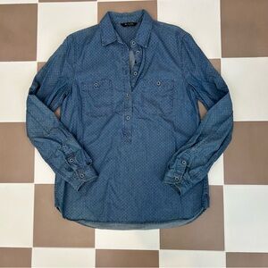 Massimo Dutti Blue Denim Polka Dot Pop Over Long Sleeve 100% Cotton Shirt Sz 6
